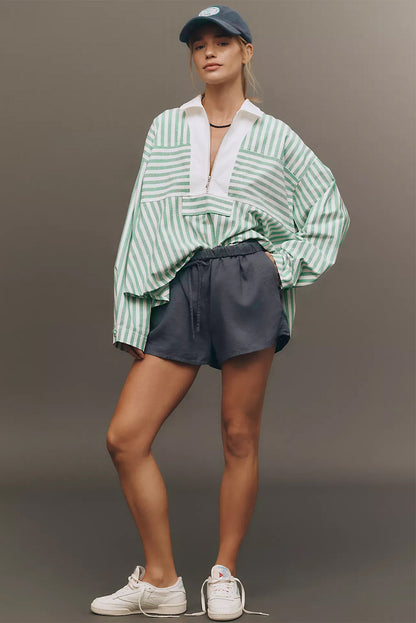 Green Striped Zipper Collar Long Sleeve Top