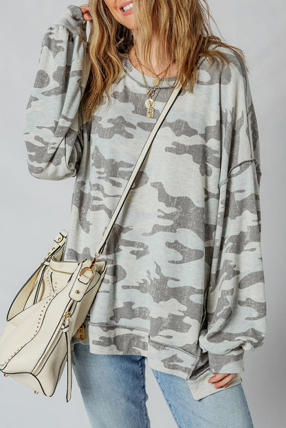 Multicolour Camouflage Print Exposed Seam Drop Shoulder Sweatshirt