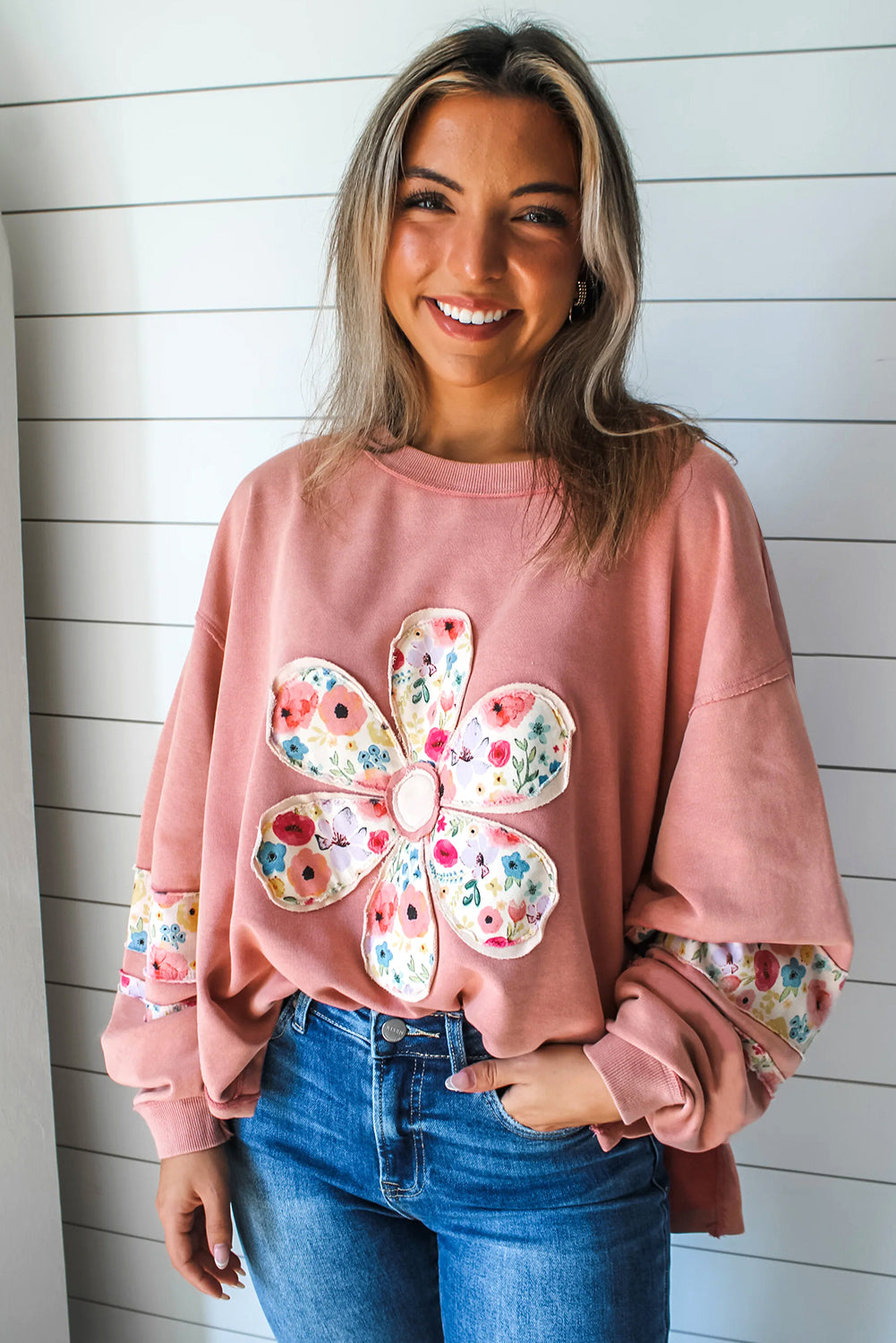 Peach Blossom Flower Applique Patchwork Drop Sleeve Pullover Sweatshirt