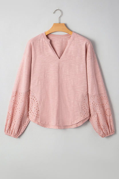 Light Pink Notch V Neck Batwing Sleeve Patchwork Blouse