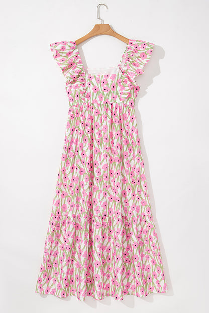 Pink Floral Print Square Neck Ruffled Strap Maxi Dress