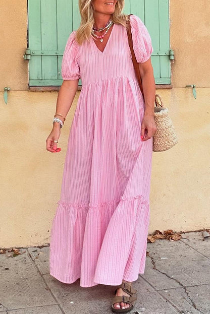 Pink Striped V Neck Puff Sleeve Frill Tiered Maxi Dress