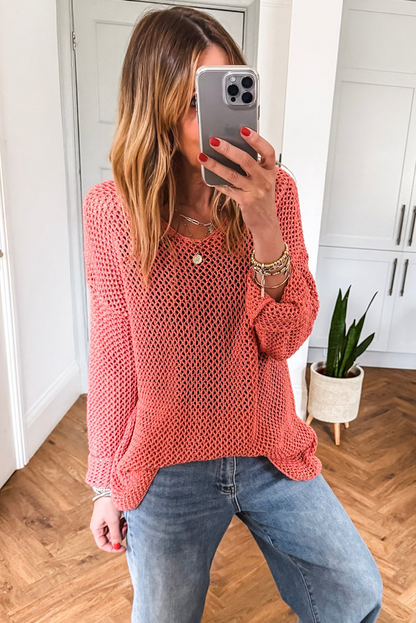 Coral Crochet Hollow-out Knit Sweater