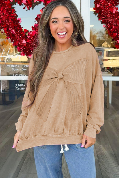 Light French Beige Mineral Wash Waffle Bow Patched Pullover Sweatshirt