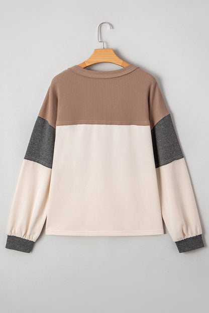 Jet Stream Colorblock Waffle Patchwork Loose Henley Top