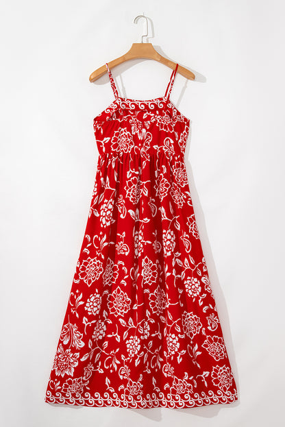 Red Floral Print Spaghetti Strap Empire Waist Maxi Dress