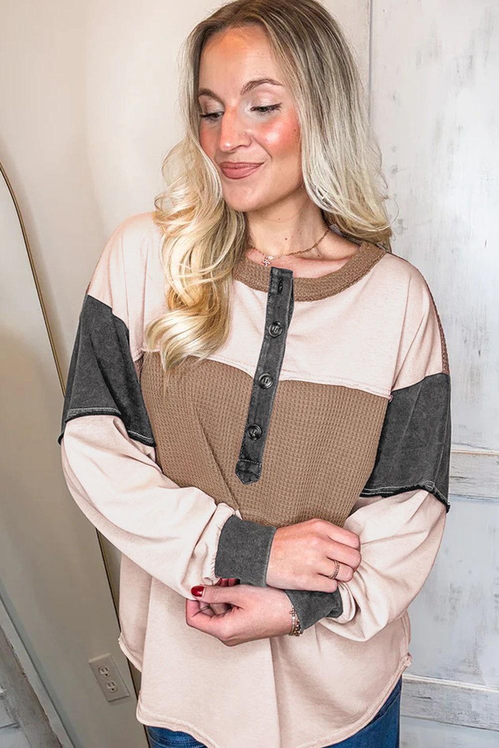 Jet Stream Colorblock Waffle Patchwork Loose Henley Top