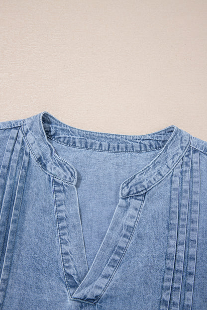 Myosotis Pleated Puff Sleeve Split V Neck Denim Top