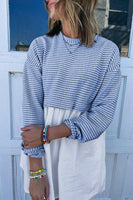 Sky Blue Stripe Patchwork Pleated High Waist Loose Mini Dress