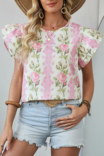 Pink Floral Print Layered Ruffle Sleeve Summer Top