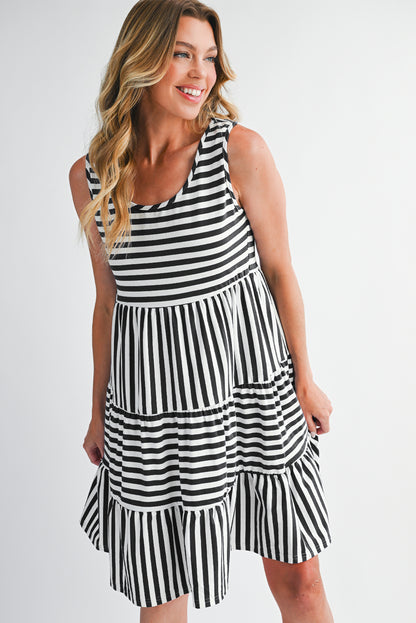 Black Stripe U Neck Sleeveless Loose Fit Mini Dress