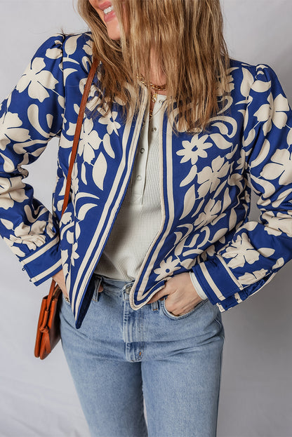 Blue Flower Print Open Front Buttoned Cuffs Jacket