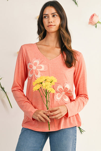 Fresh Salmon Floral Patched V Neck Long Sleeve Top