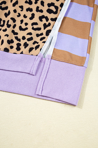 Purple Striped Leopard Colorblock Side Slits Sweatshirt
