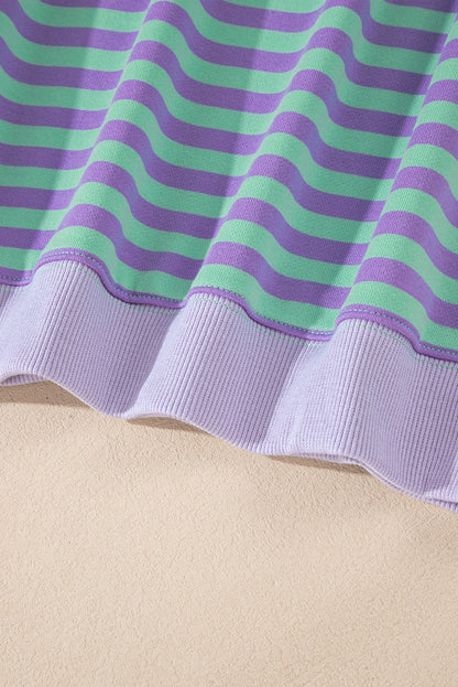 Blue Striped Contrast Trim Drop Shoulder Sweatshirt