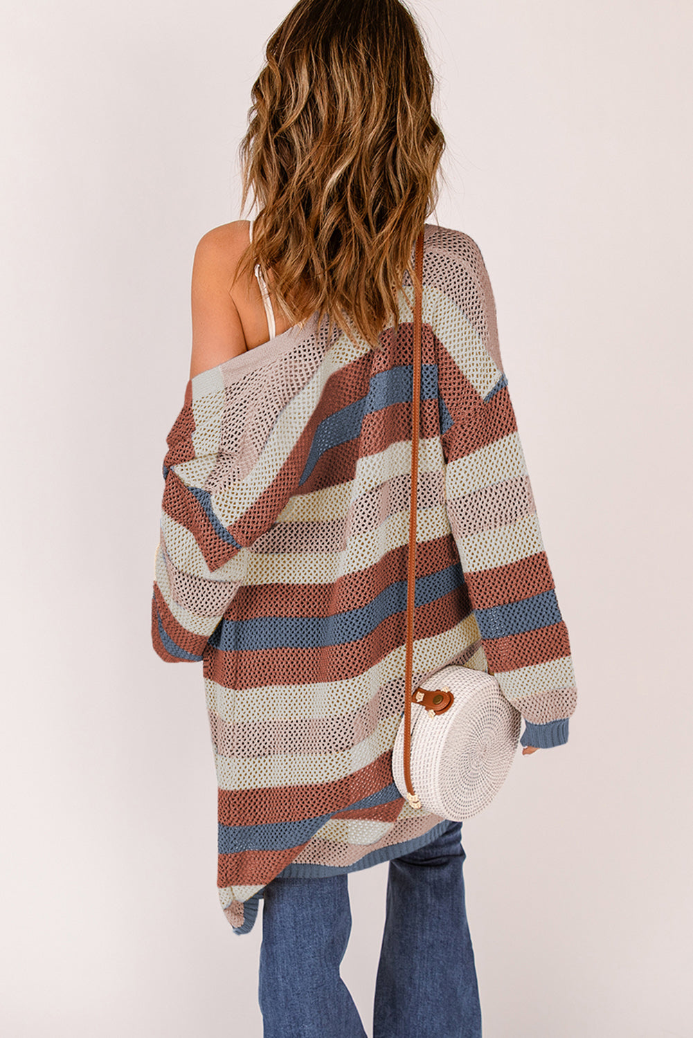 Dark Blue Color Block Striped Cut Out Knit Cardigan