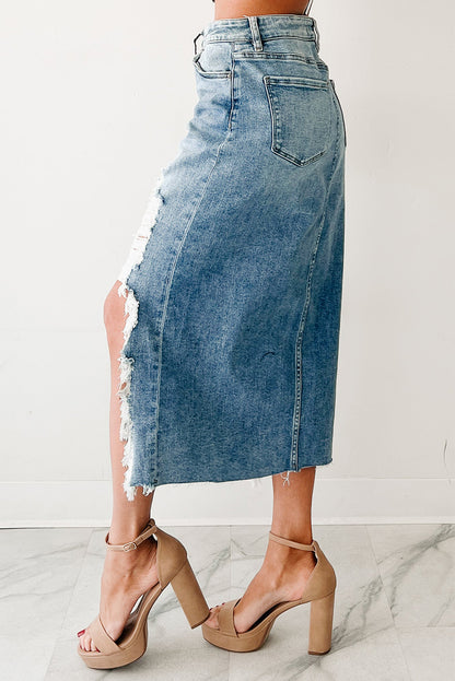Myosotis Irregular Distressed Hem Denim Midi Skirt