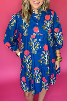 Blue Floral Print Button Front 3/4 Puff Sleeve Ruffle Hem Dress