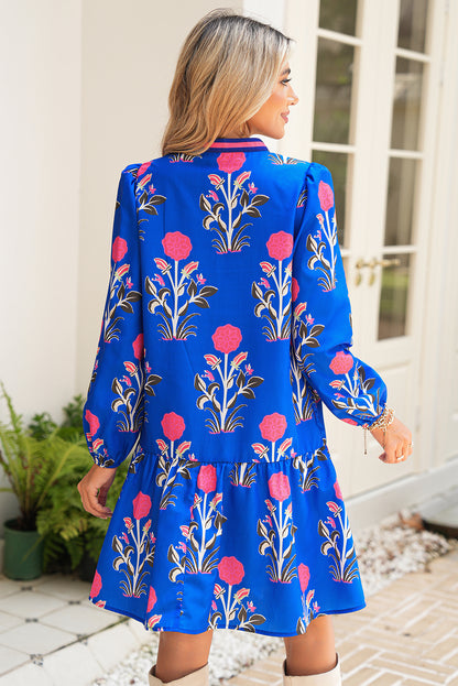 Sky Blue Floral Print Pop of Color V Neck Mini Dress