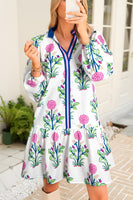 White Floral Print Pop of Color V Neck Mini Dress