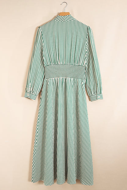 Green Striped V Neck Zip Front Cinched High Waist Midi Dress
