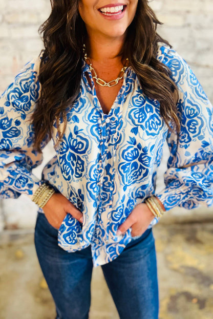 Sky Blue Tie Split Neck Ethnic Print Button Down Puff Sleeve Shirt