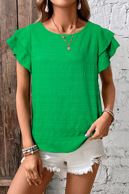 Dark Green Ruffle Sleeve Textured Smocked Blouse