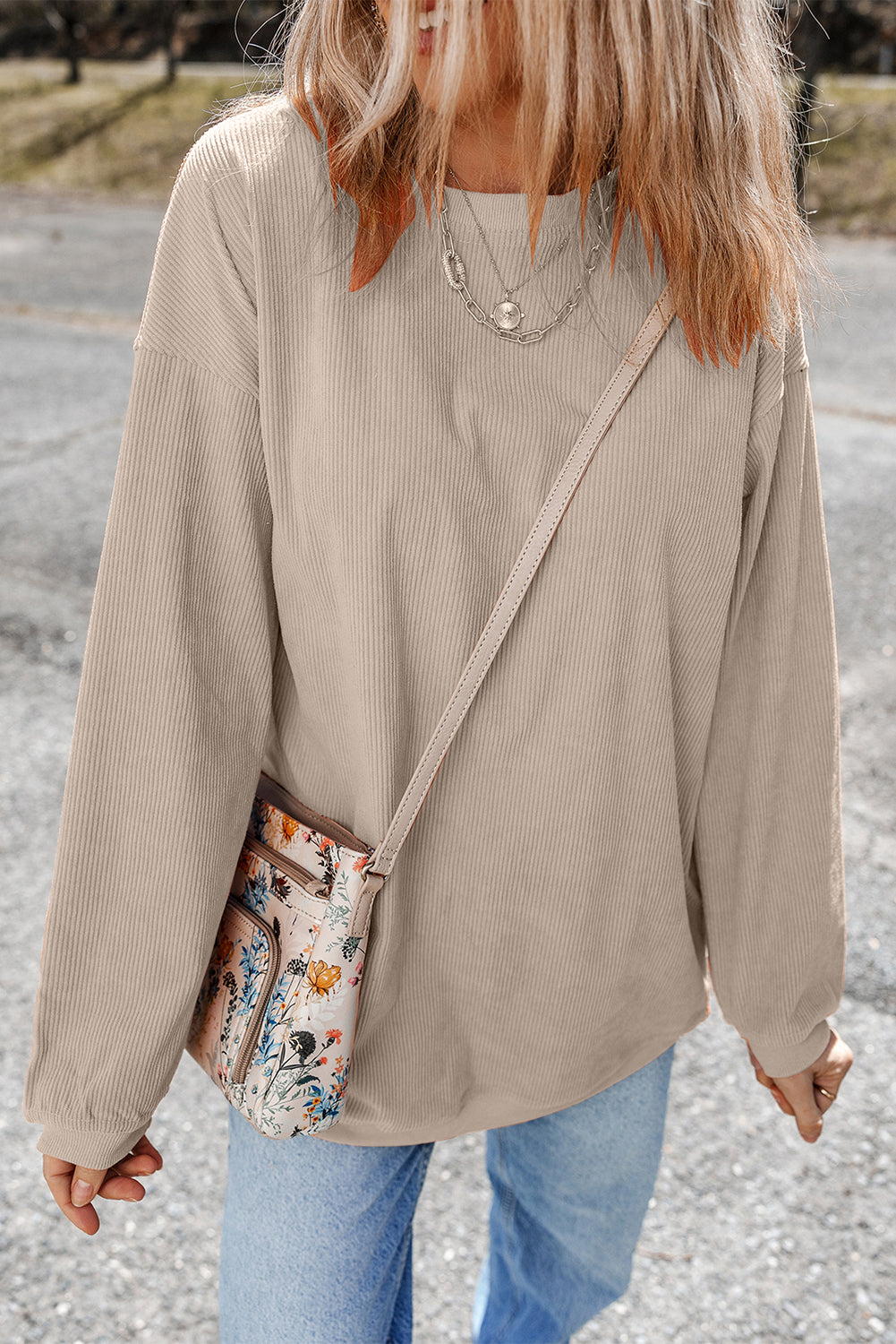 Smoke Gray Plain Drop Sleeve Crinkle Rib Oversized Sweatshirt
