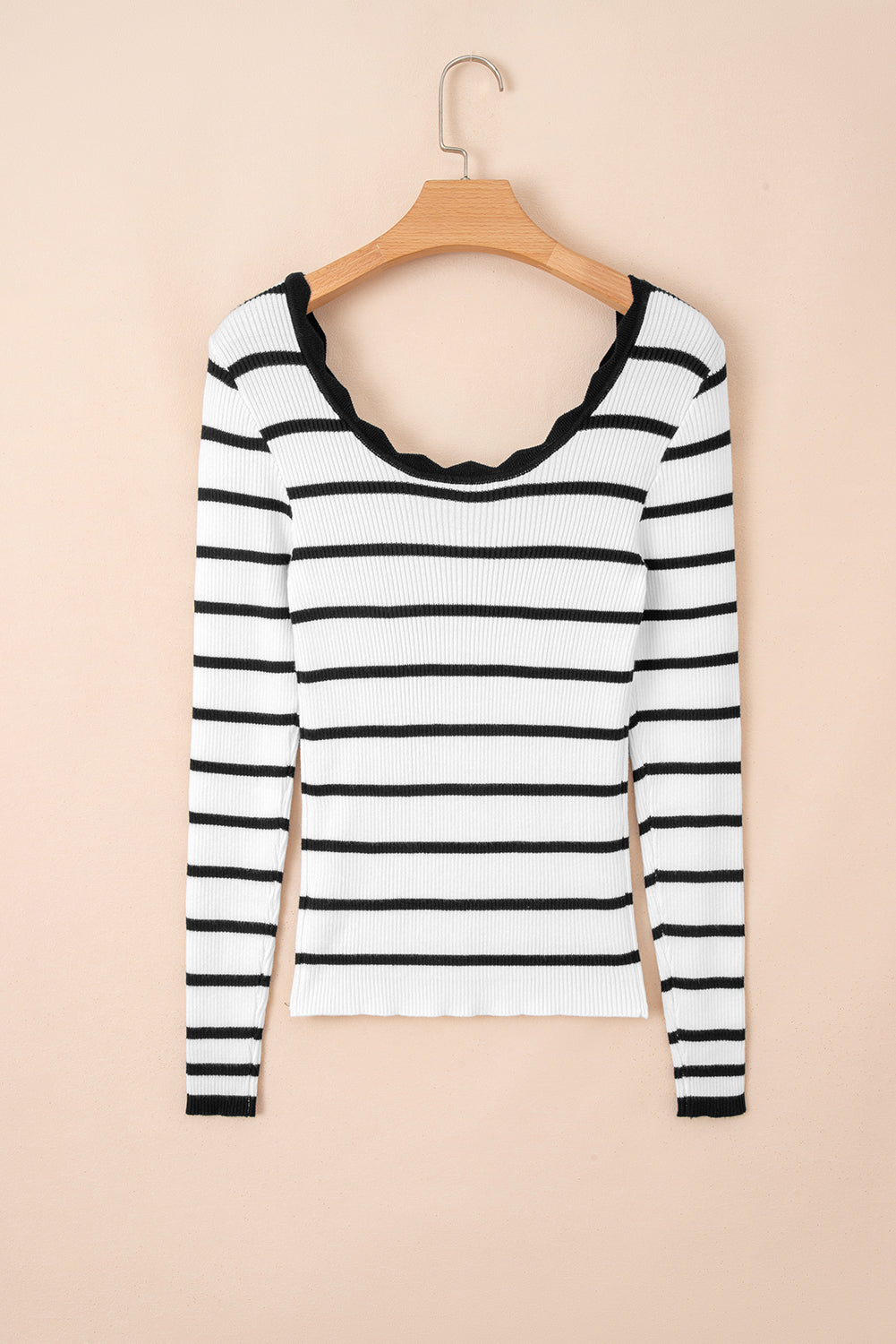 Black White Scalloped Edge Neck Striped Long Sleeve Sweater