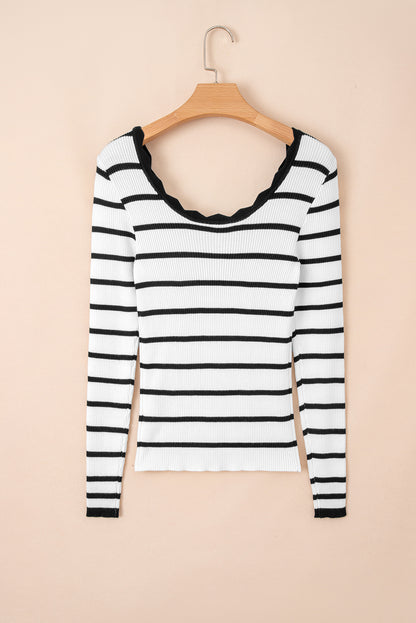 Black White Scalloped Edge Neck Striped Long Sleeve Sweater