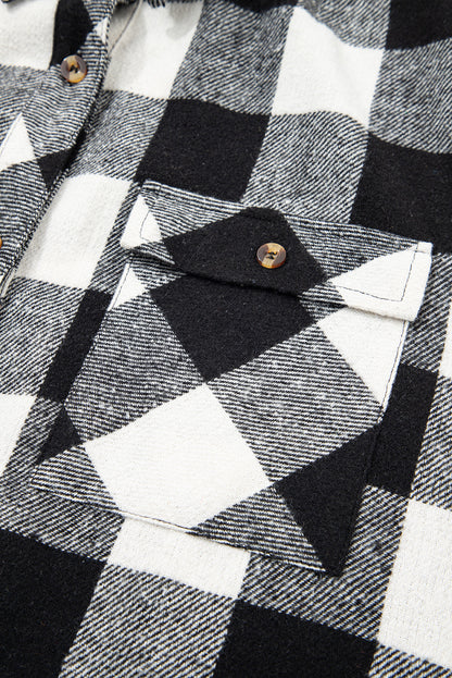 Black Plaid Patchwork Drawstring Hooded Raw Hem Shacket