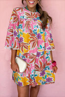 Pink Tropical Floral Bell Sleeve Loose Mini Dress