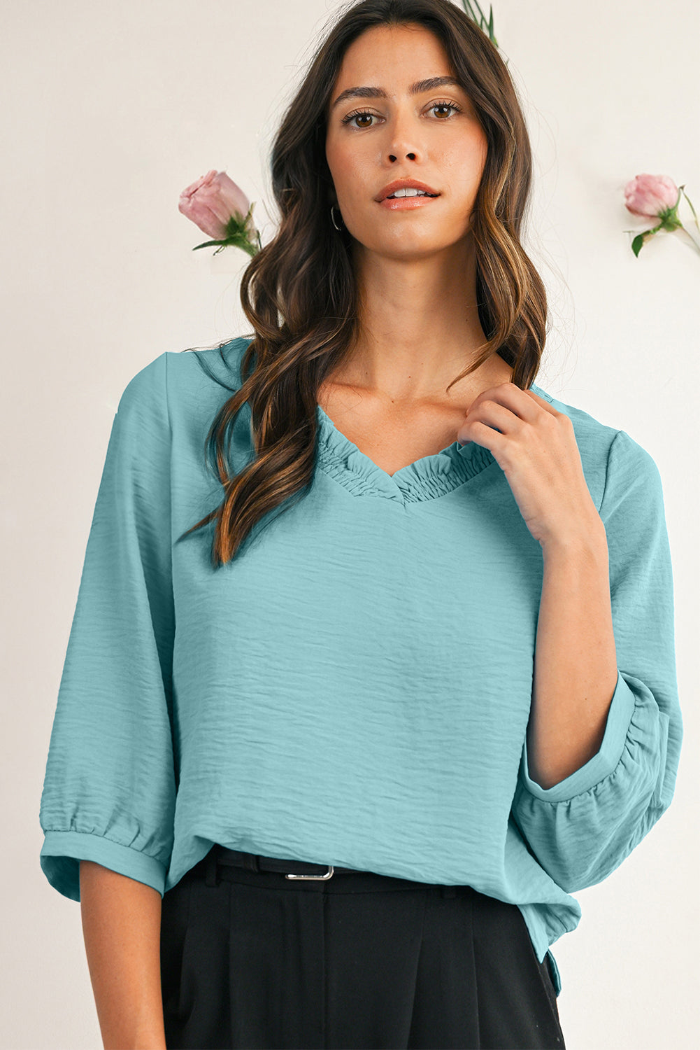 Moonlight Jade Frill V Neckline Puff Sleeve Crinkled Blouse