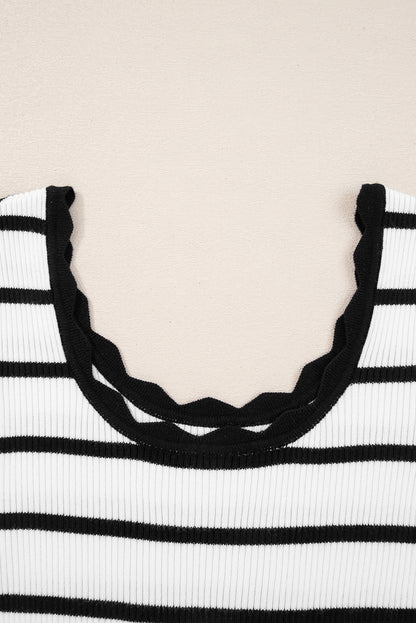 Black White Scalloped Edge Neck Striped Long Sleeve Sweater