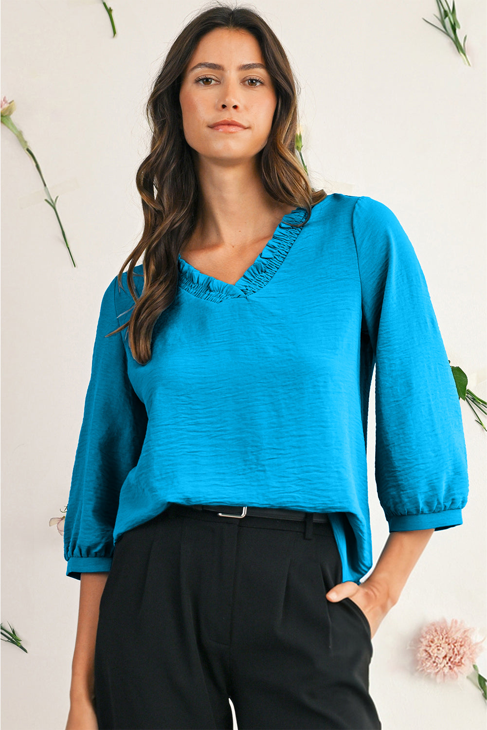 Sky Blue Frill V Neckline Puff Sleeve Crinkled Blouse