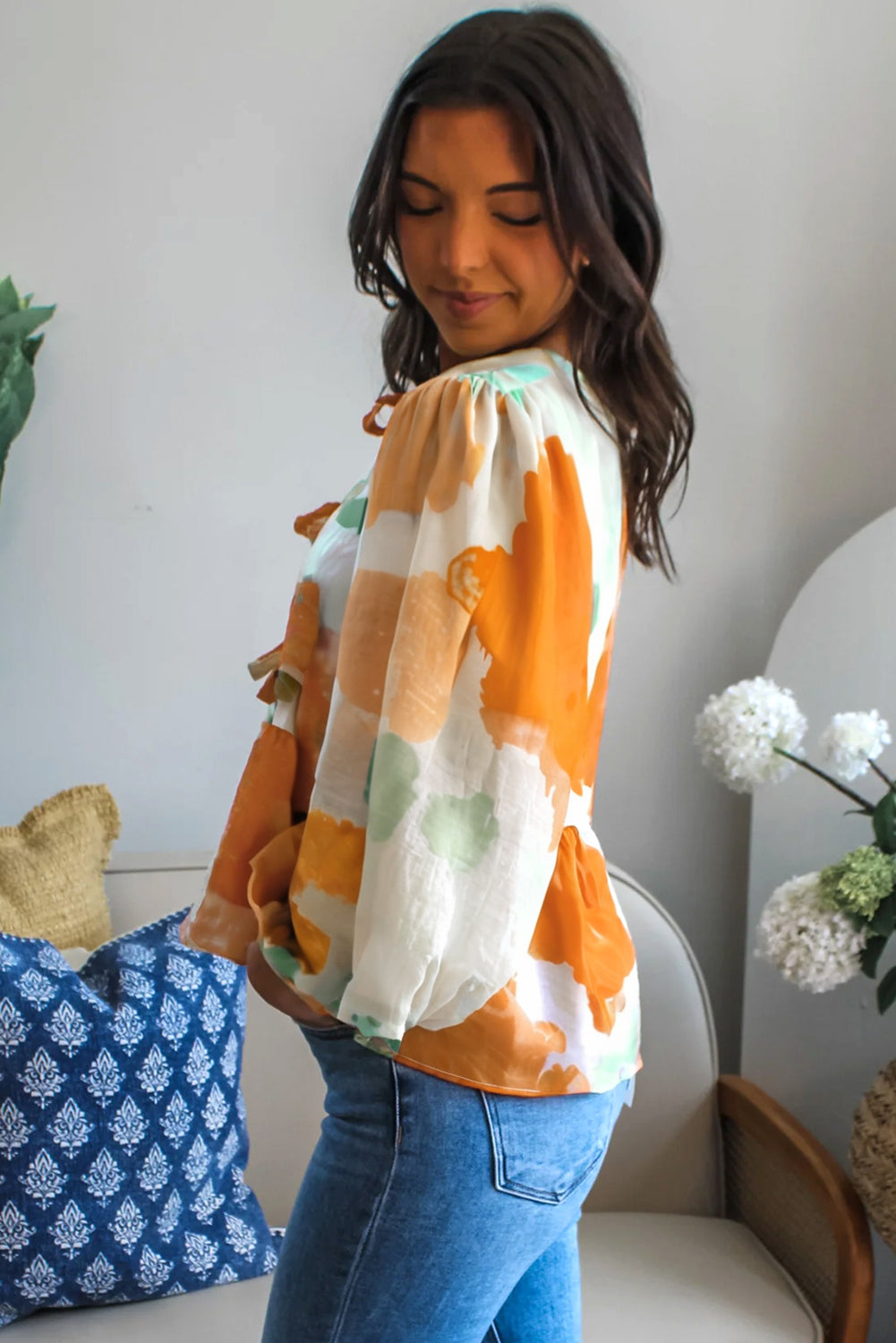 Carrot Abstract Print Bubble Sleeve Bow Front Top