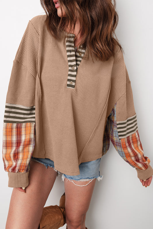 Straw Yellow Waffle Stripe Plaid Patchwork Henley Top