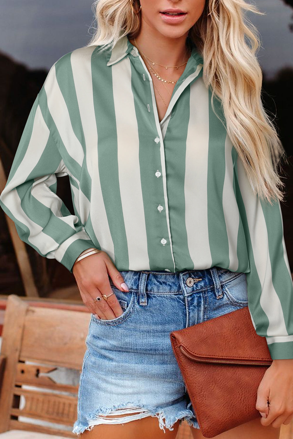 Green Striped Soft Relaxed Button Up Shirt