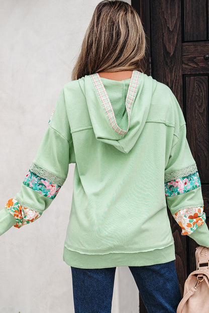 Clearly Aqua Lace Floral Patchwork Hooded Henley Top