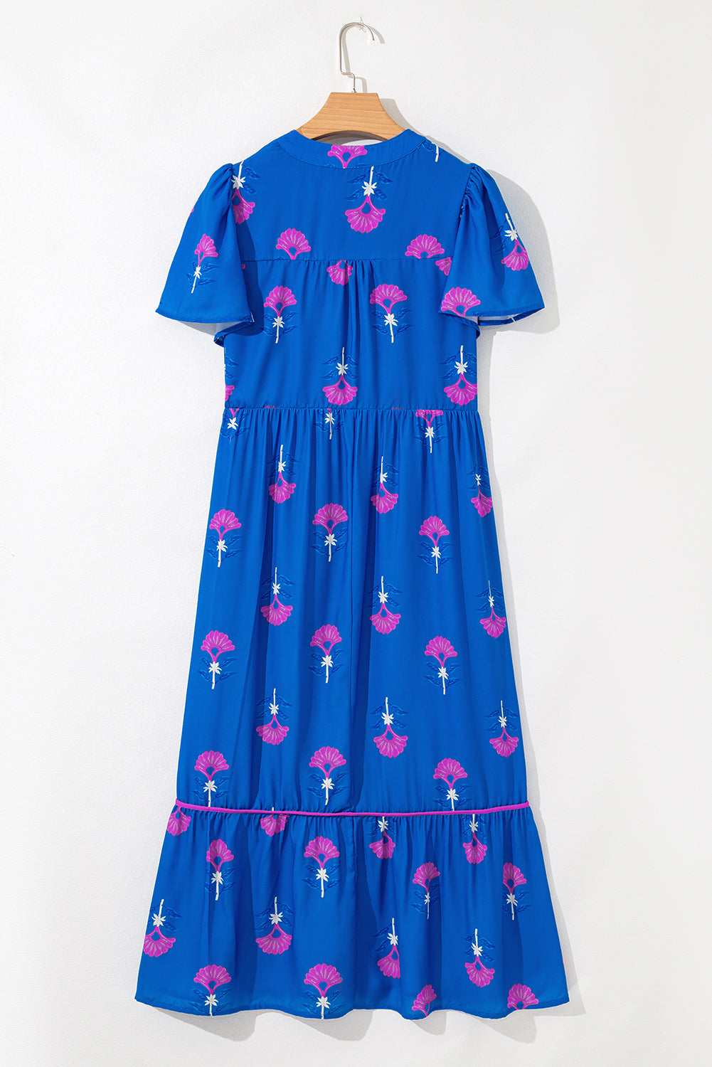 Blue Floral Print Notched Neck Flounce Sleeve Maxi Dress