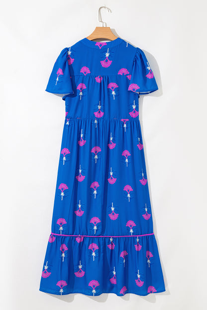 Blue Floral Print Notched Neck Flounce Sleeve Maxi Dress