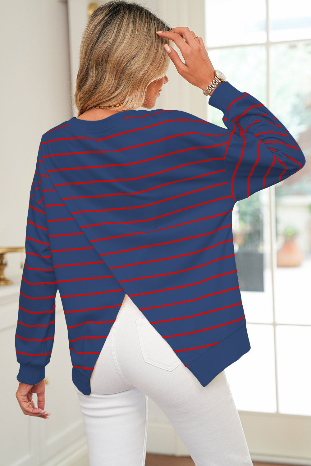 Blue Striped Overlap Detail Drop Shoulder Pullover Sweatshirt