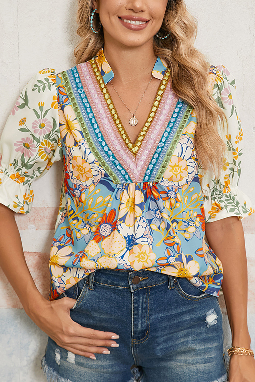 Multicolour Half Sleeve Boho Floral Pop of Color Neckline Blouse
