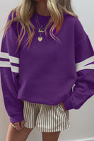 Tillandsia Purple Preppy Striped Sleeve Loose Sweatshirt