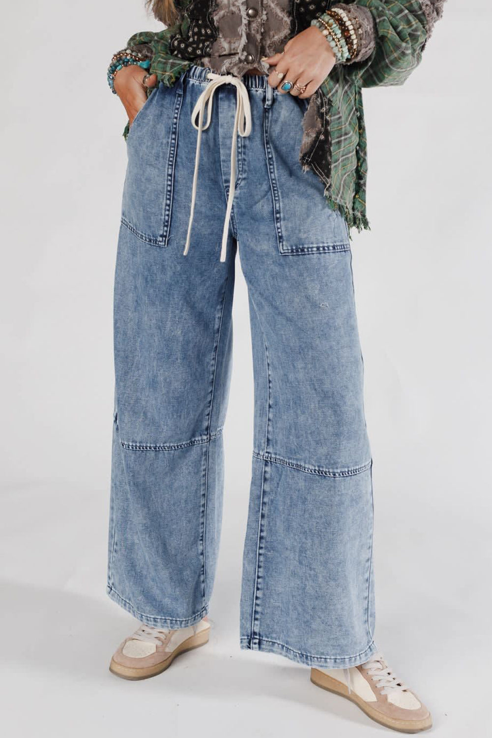Ashleigh Blue Acid Wash Exposed Seam Drawstring High Waist Jeans