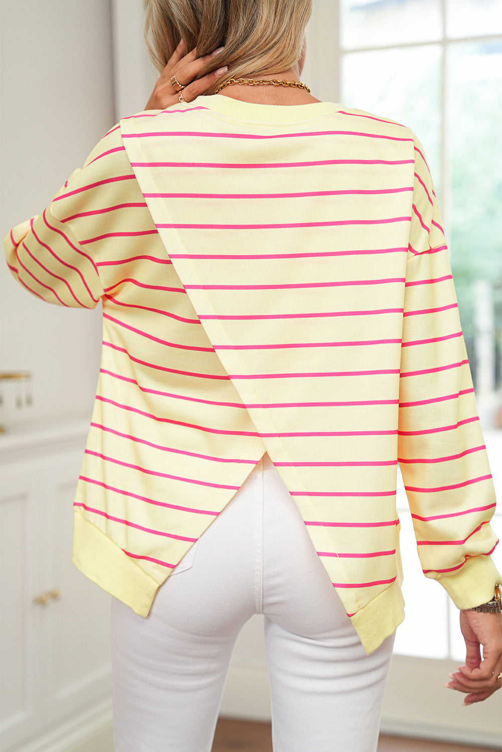 Yellow Striped Overlap Detail Drop Shoulder Pullover Sweatshirt
