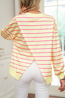 Yellow Striped Overlap Detail Drop Shoulder Pullover Sweatshirt
