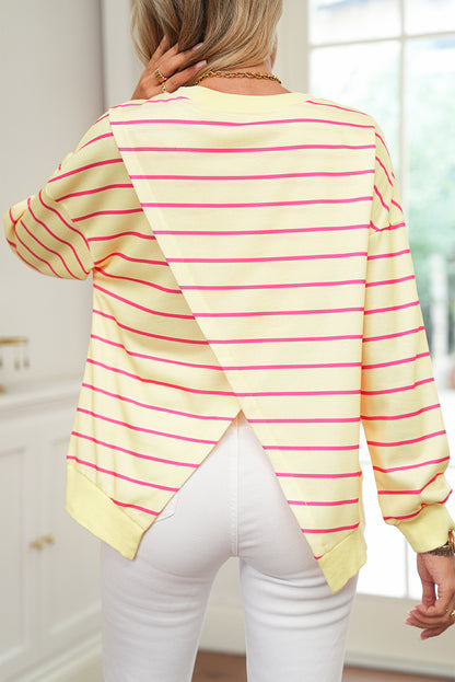 Yellow Striped Overlap Detail Drop Shoulder Pullover Sweatshirt