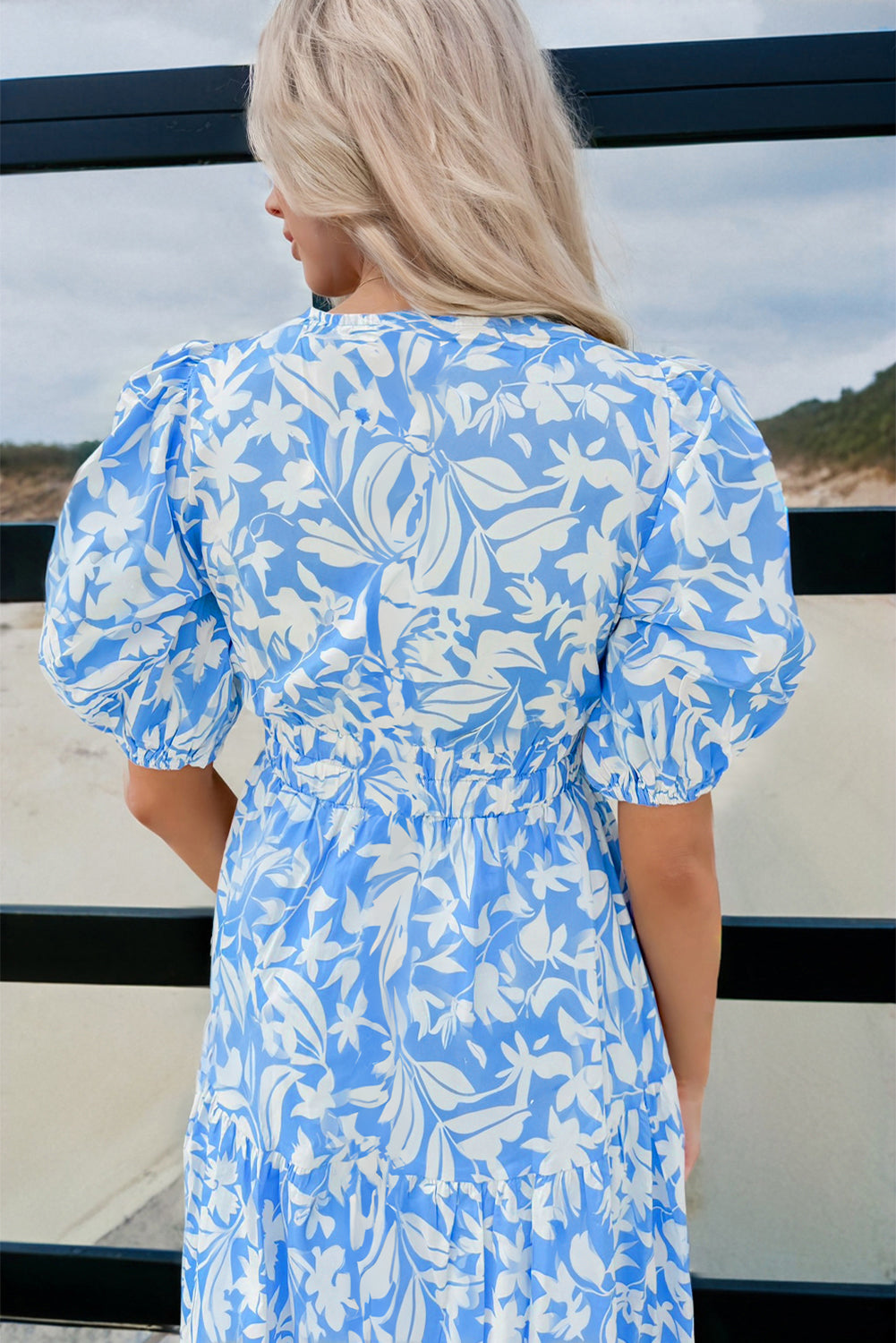Sky Blue Floral Print Deep V Neck Puff Sleeve Flowy Dress