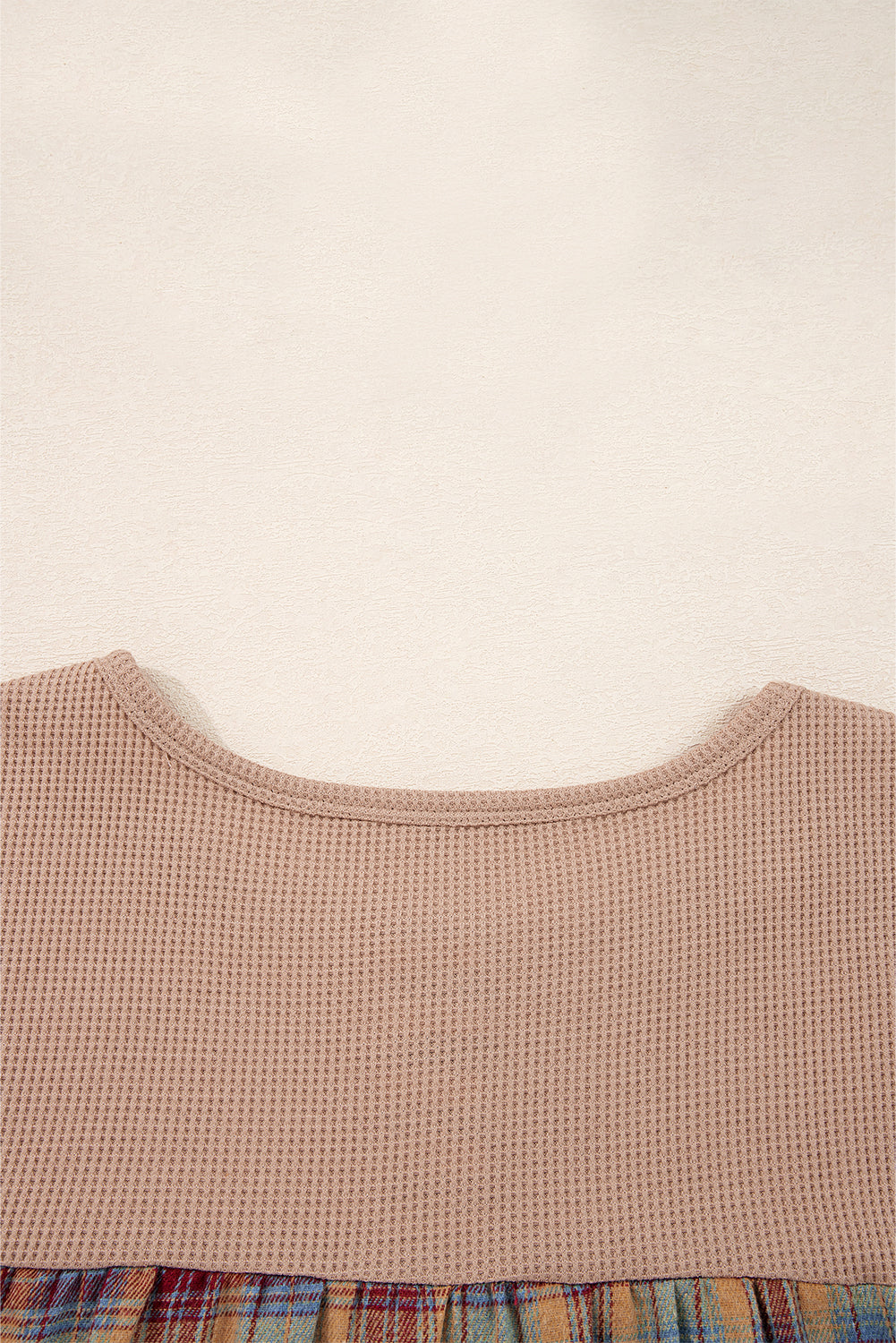 Straw Yellow Waffle Stripe Plaid Patchwork Henley Top